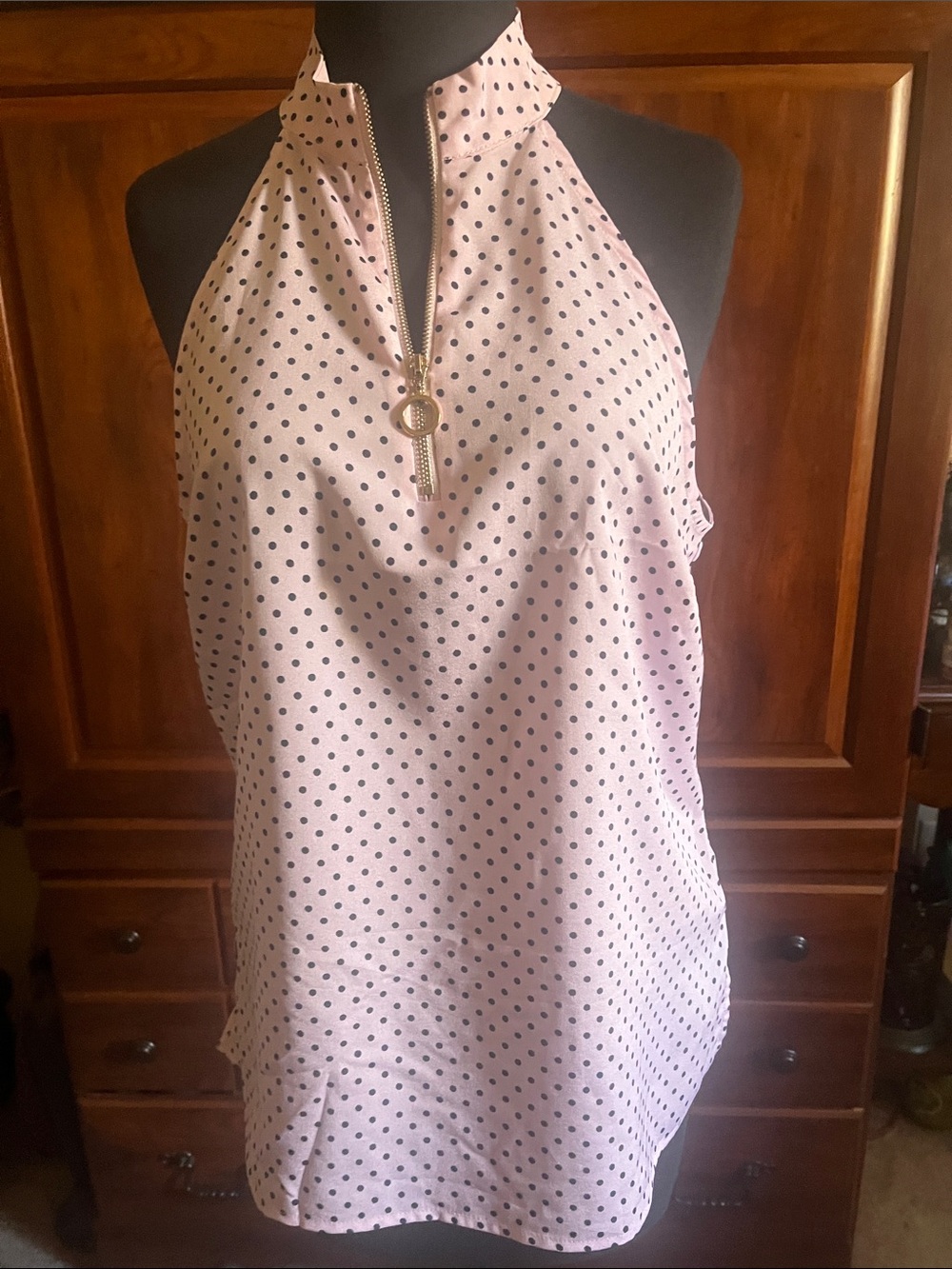 New York & Company Pink Polka Dot Halter Top with Gold Zip